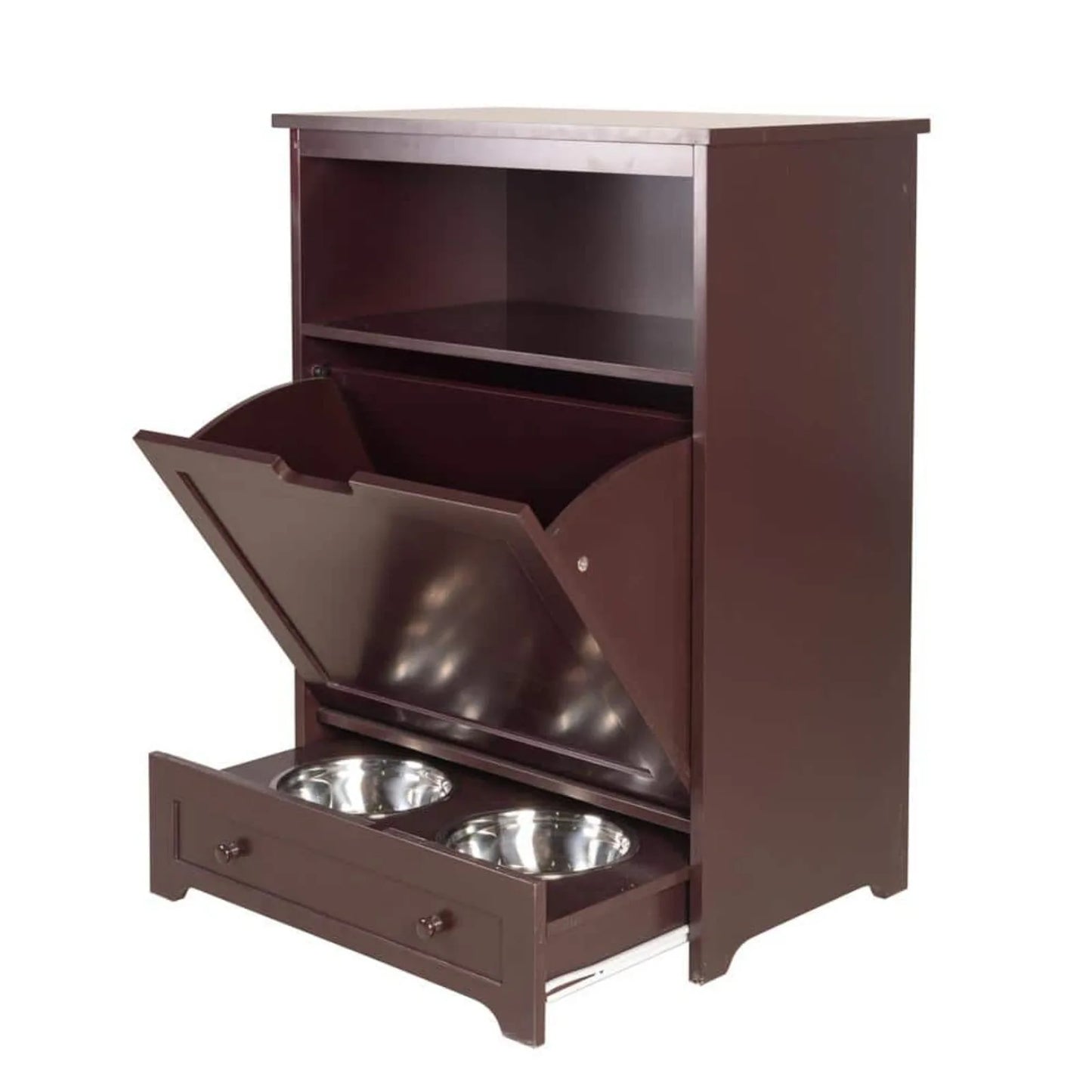 Pet Feeder Station with Storage  Waterproof Painted Dog and Cat Feeder Cabinet with Stainless Bowl in Brown