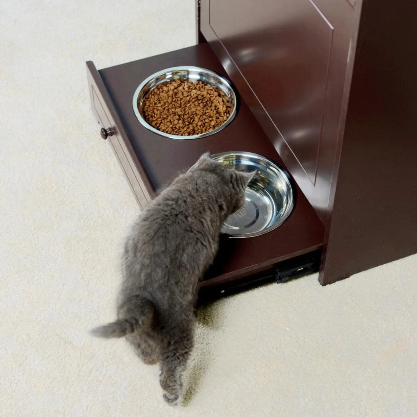 Pet Feeder Station with Storage  Waterproof Painted Dog and Cat Feeder Cabinet with Stainless Bowl in Brown