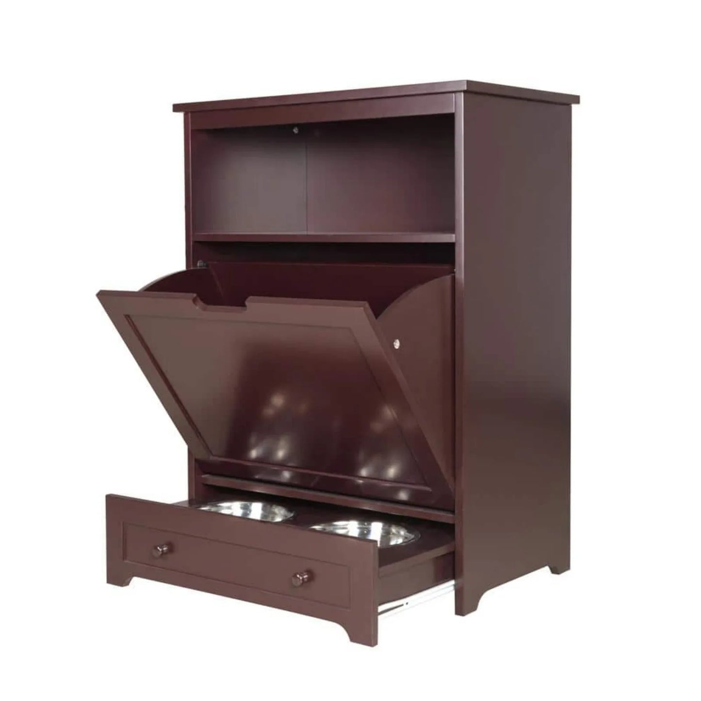 Pet Feeder Station with Storage  Waterproof Painted Dog and Cat Feeder Cabinet with Stainless Bowl in Brown