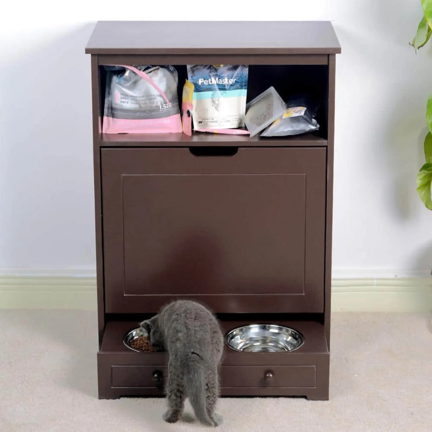 Pet Feeder Station with Storage  Waterproof Painted Dog and Cat Feeder Cabinet with Stainless Bowl in Brown