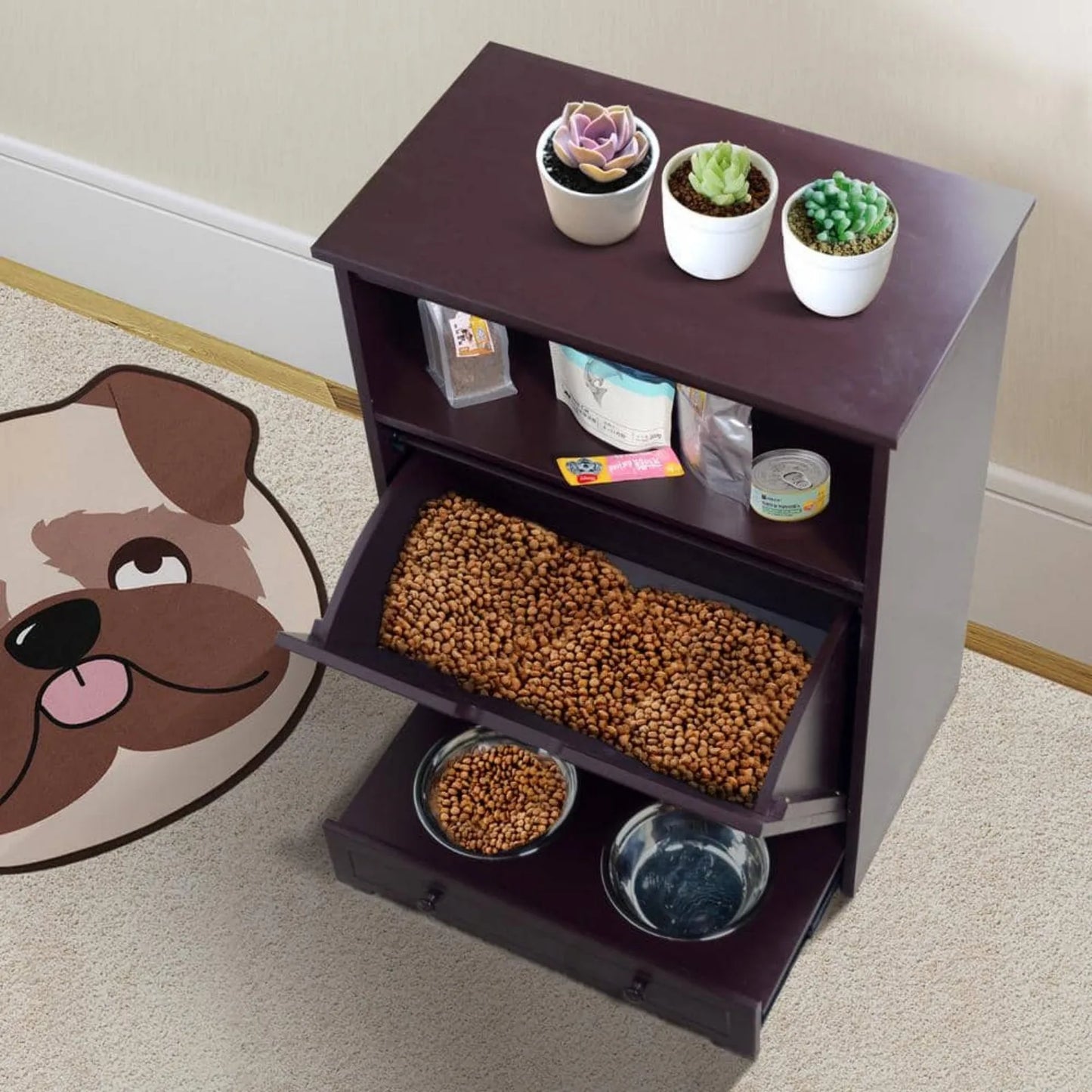 Pet Feeder Station with Storage  Waterproof Painted Dog and Cat Feeder Cabinet with Stainless Bowl in Brown